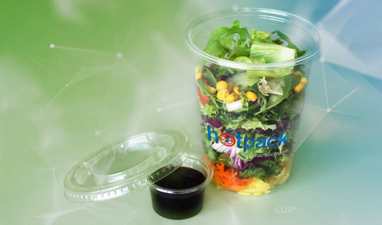 Trickreiches Becher-im-Becher-System von ILLIG für Salatbehälter mit Dressing. | © ILLIG Maschinenbau GmbH